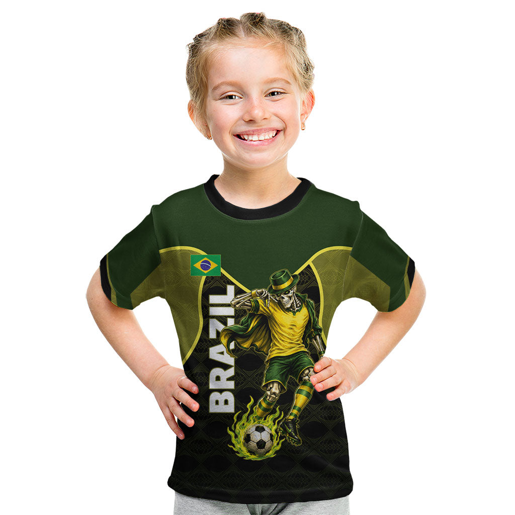 Personalized Brazil Football Kid T Shirt Gothic Skull Skeleton Mascot Flaming Soccer Ball