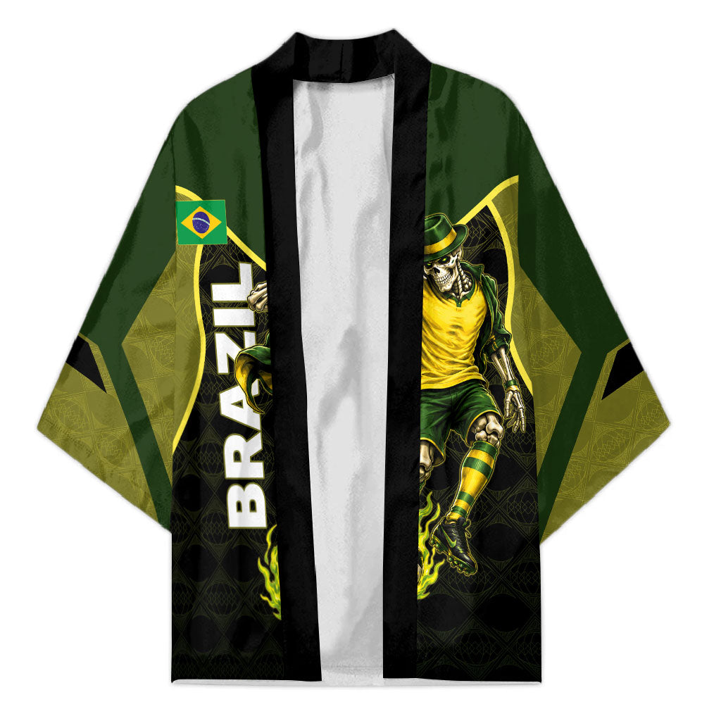 Personalized Brazil Football Kimono Gothic Skull Skeleton Mascot Flaming Soccer Ball