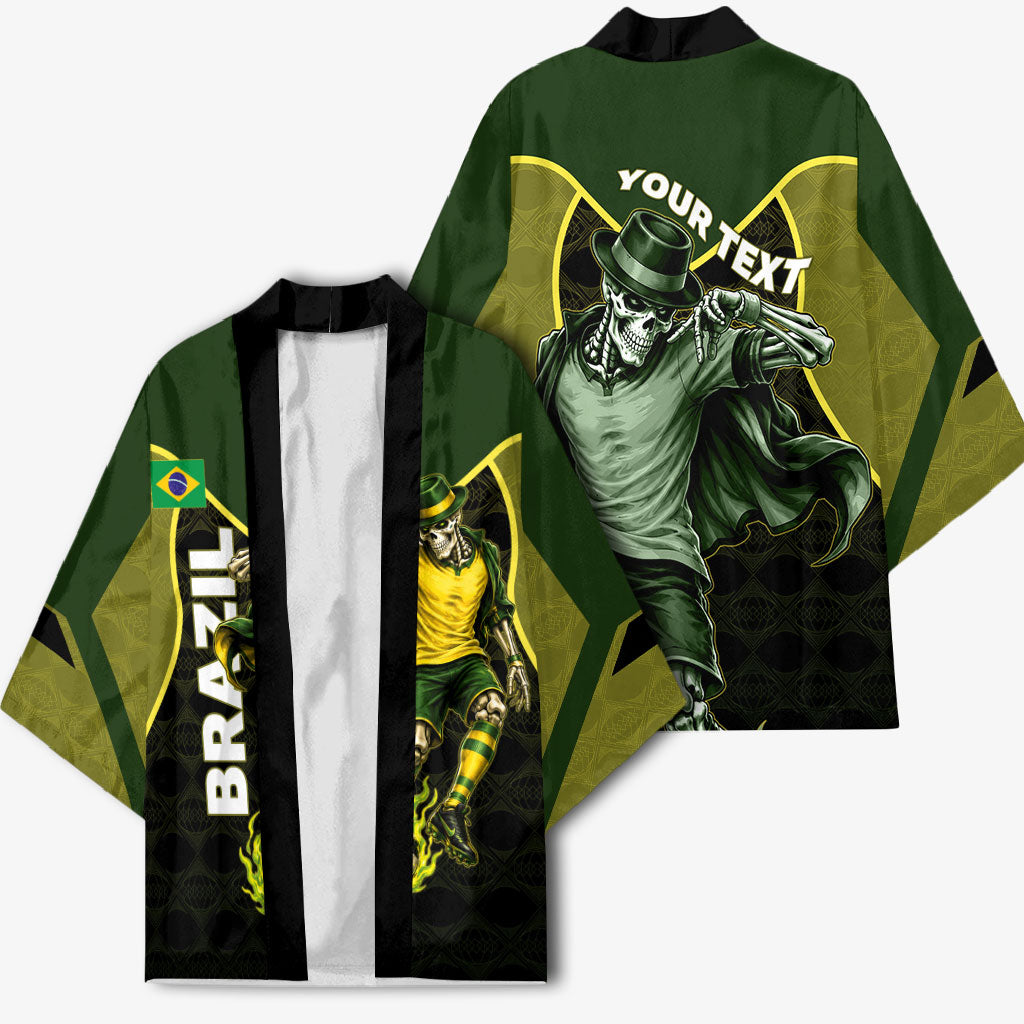 Personalized Brazil Football Kimono Gothic Skull Skeleton Mascot Flaming Soccer Ball