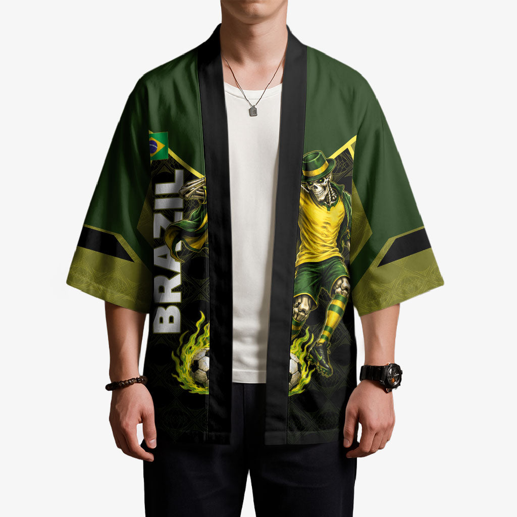 Personalized Brazil Football Kimono Gothic Skull Skeleton Mascot Flaming Soccer Ball