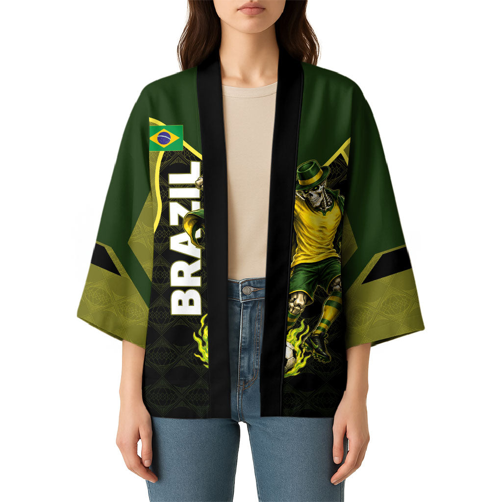 Personalized Brazil Football Kimono Gothic Skull Skeleton Mascot Flaming Soccer Ball