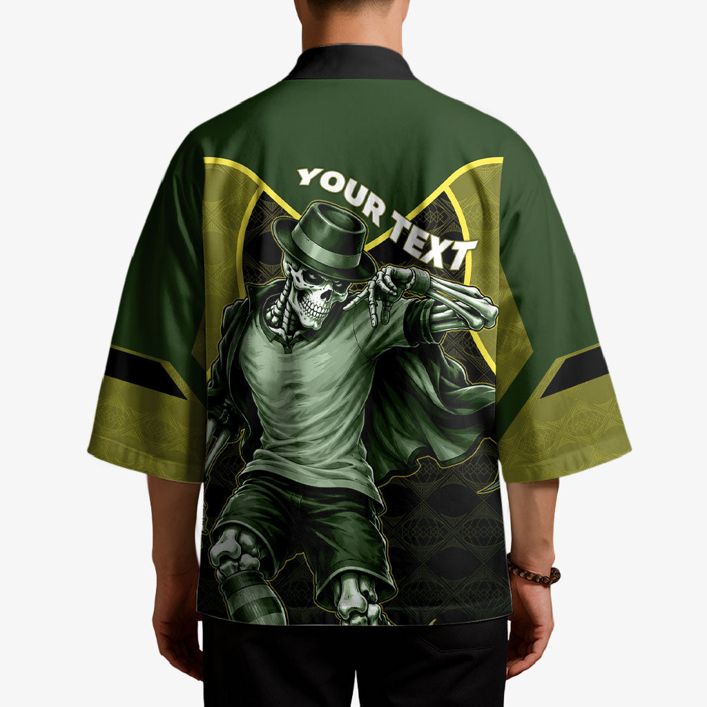 Personalized Brazil Football Kimono Gothic Skull Skeleton Mascot Flaming Soccer Ball