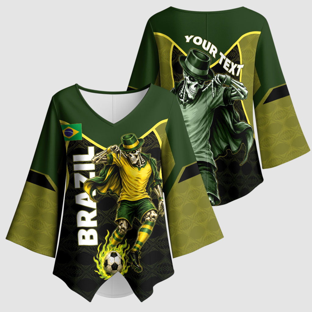 Personalized Brazil Football Kimono Sleeve Blouse Gothic Skull Skeleton Mascot Flaming Soccer Ball