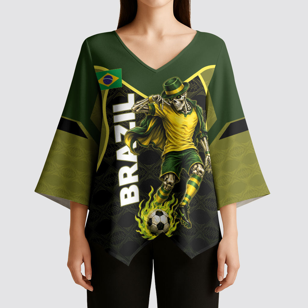 Personalized Brazil Football Kimono Sleeve Blouse Gothic Skull Skeleton Mascot Flaming Soccer Ball