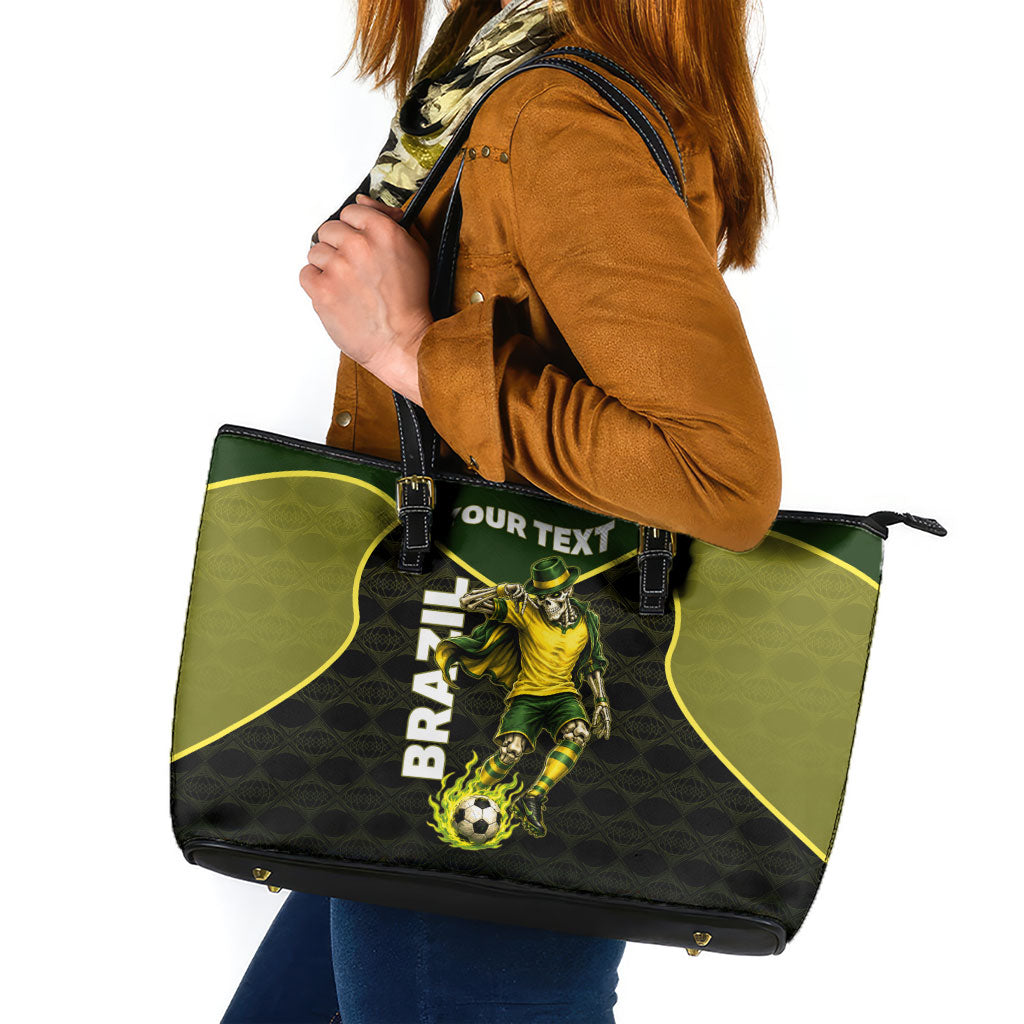 Personalized Brazil Football Leather Tote Bag Gothic Skull Skeleton Mascot Flaming Soccer Ball