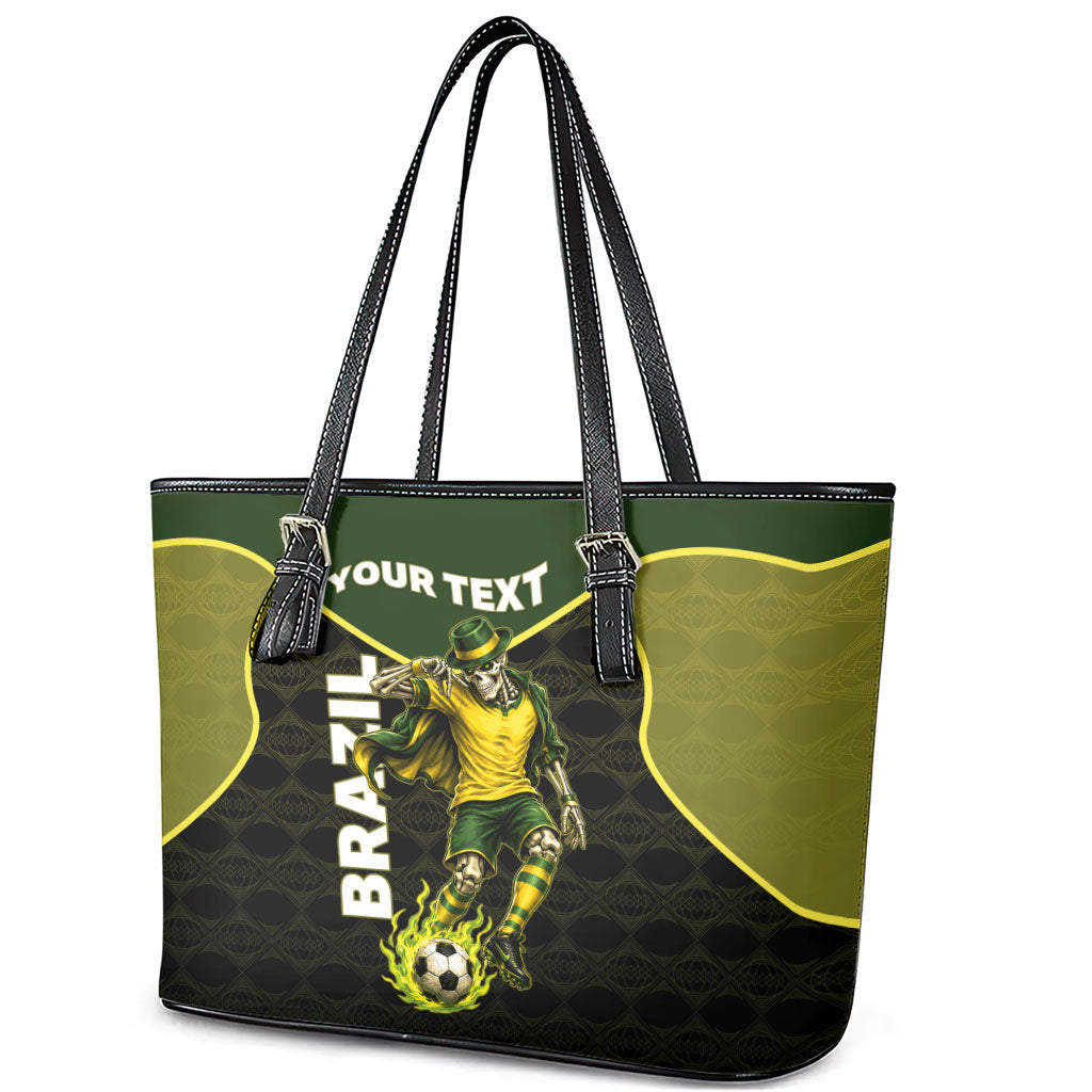 Personalized Brazil Football Leather Tote Bag Gothic Skull Skeleton Mascot Flaming Soccer Ball