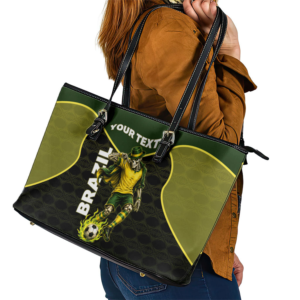 Personalized Brazil Football Leather Tote Bag Gothic Skull Skeleton Mascot Flaming Soccer Ball