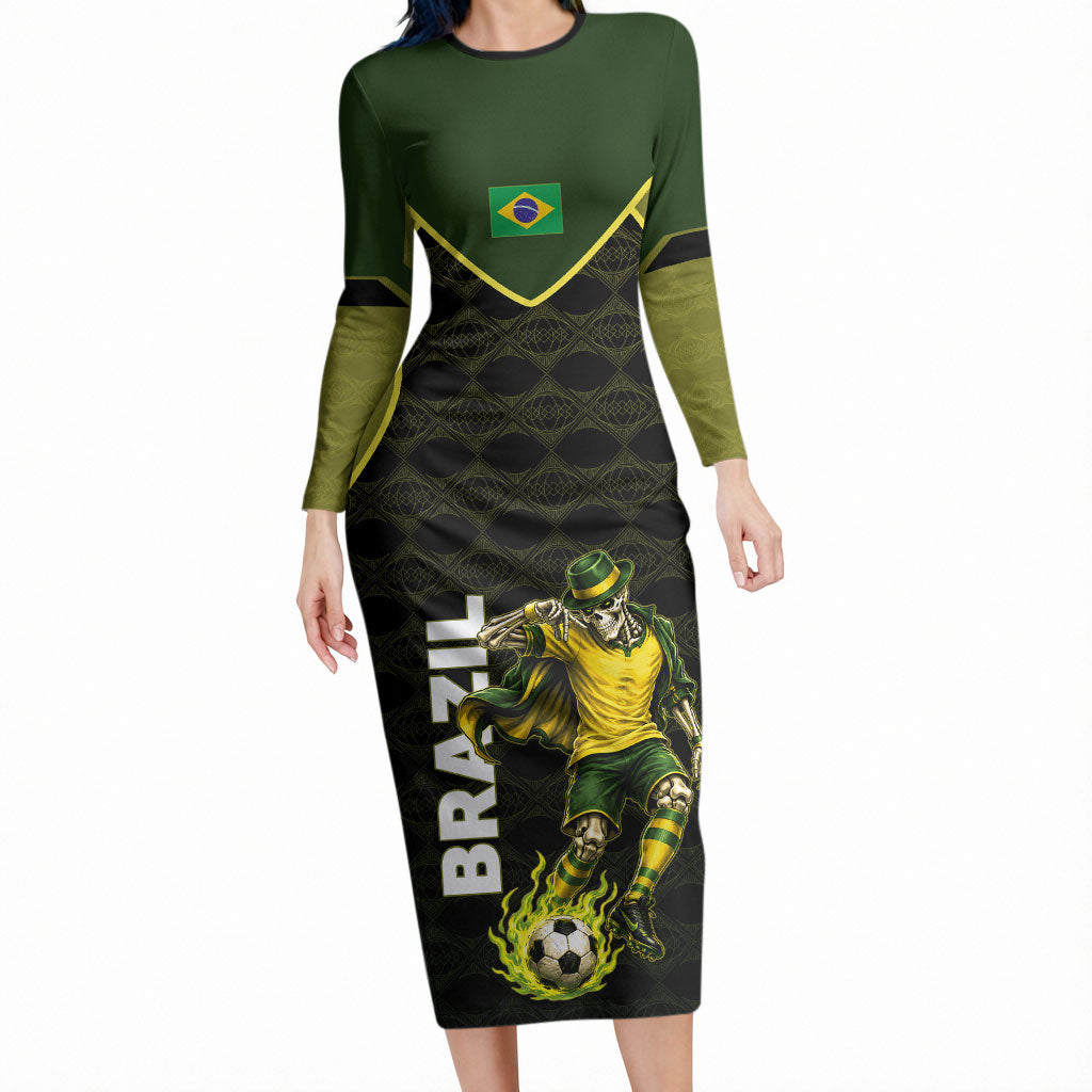 Personalized Brazil Football Long Sleeve Bodycon Dress Gothic Skull Skeleton Mascot Flaming Soccer Ball