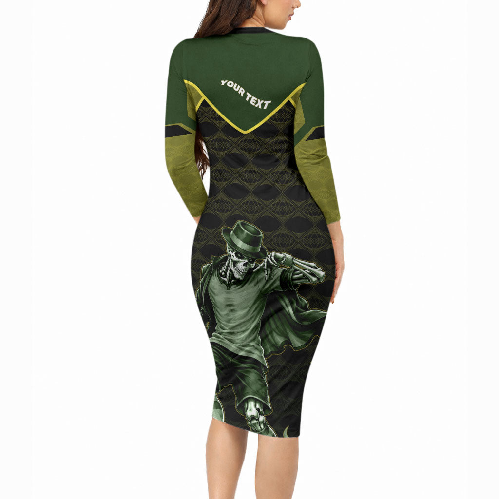 Personalized Brazil Football Long Sleeve Bodycon Dress Gothic Skull Skeleton Mascot Flaming Soccer Ball