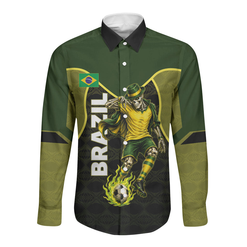 Personalized Brazil Football Long Sleeve Button Shirt Gothic Skull Skeleton Mascot Flaming Soccer Ball