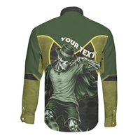 Personalized Brazil Football Long Sleeve Button Shirt Gothic Skull Skeleton Mascot Flaming Soccer Ball