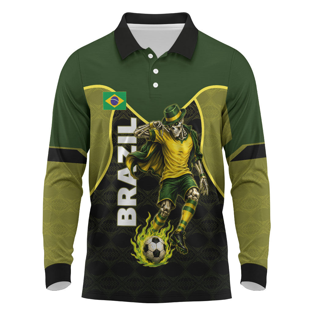 Personalized Brazil Football Long Sleeve Polo Shirt Gothic Skull Skeleton Mascot Flaming Soccer Ball