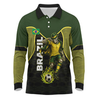 Personalized Brazil Football Long Sleeve Polo Shirt Gothic Skull Skeleton Mascot Flaming Soccer Ball