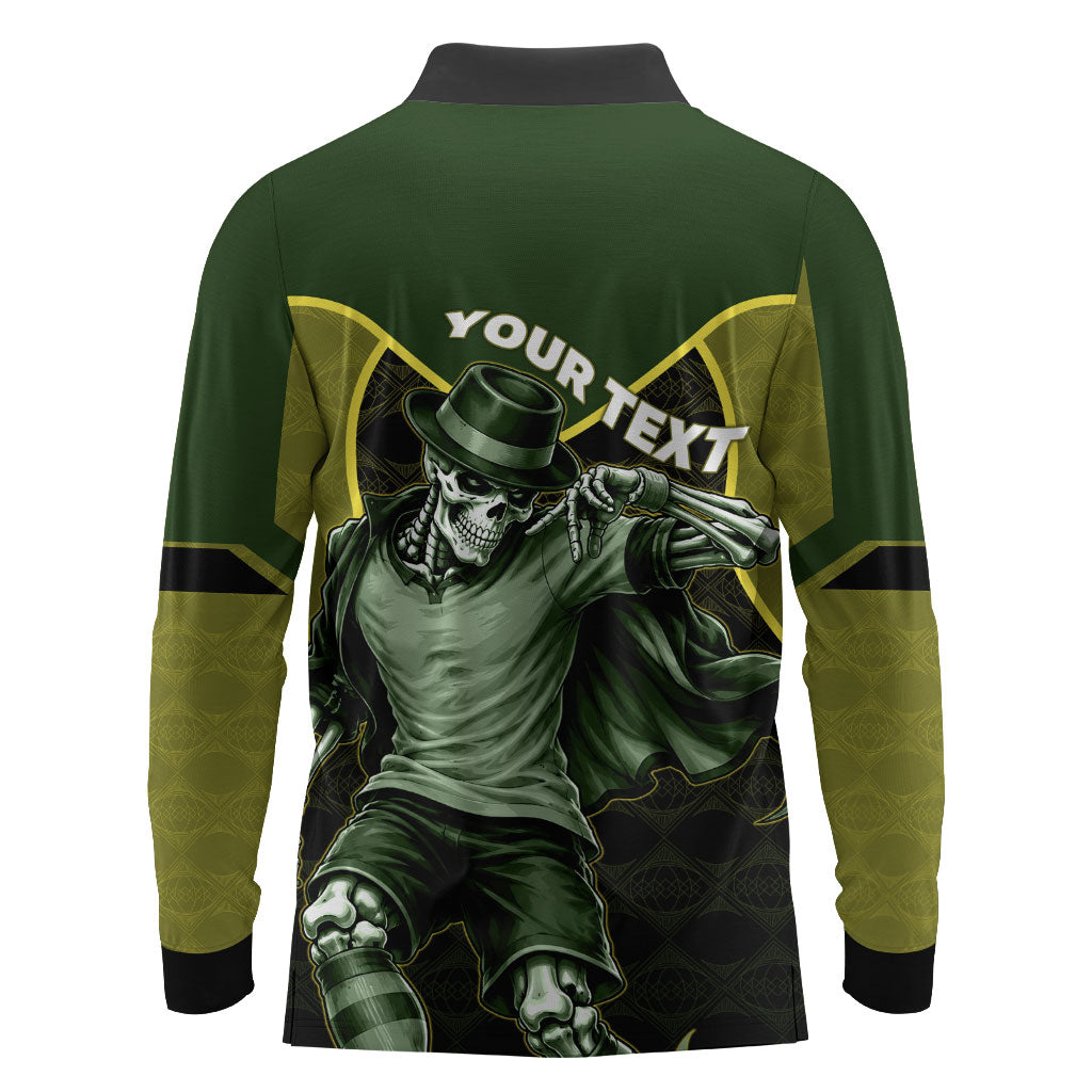 Personalized Brazil Football Long Sleeve Polo Shirt Gothic Skull Skeleton Mascot Flaming Soccer Ball