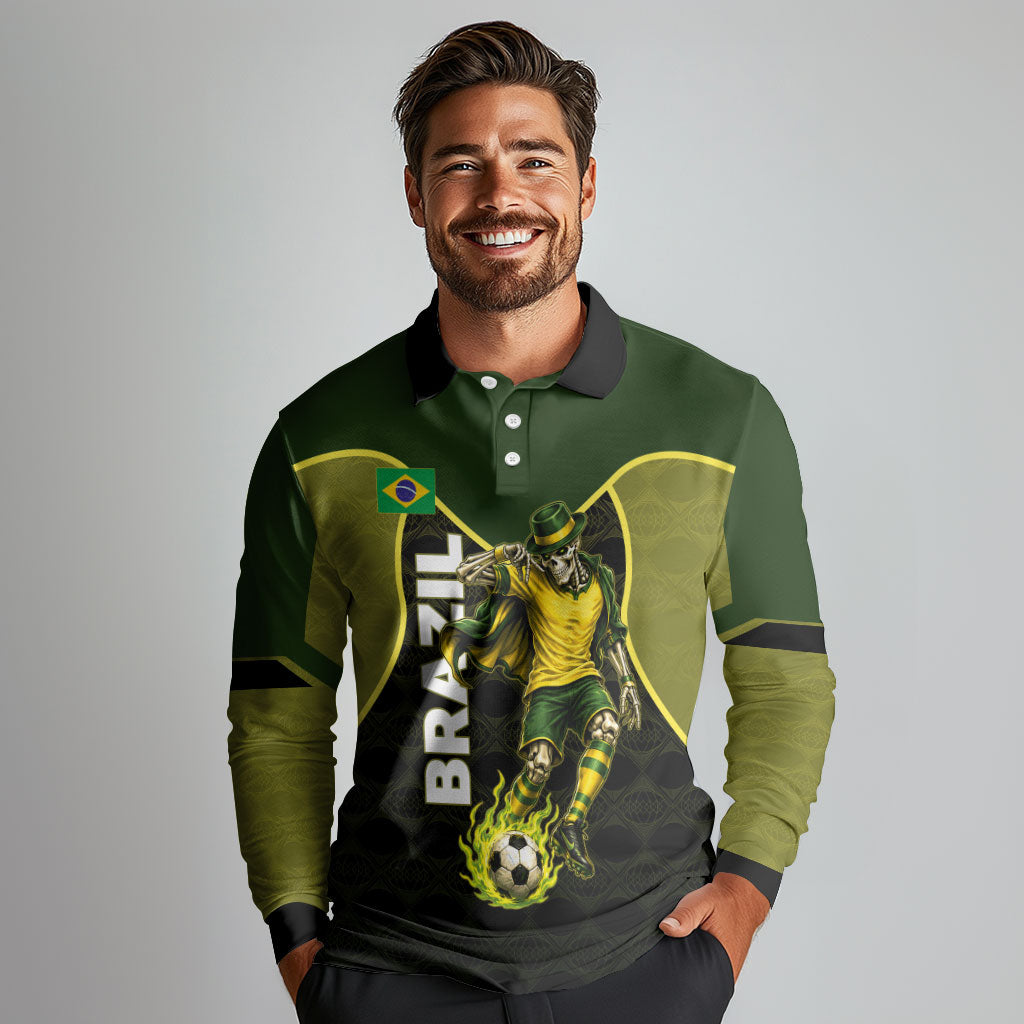 Personalized Brazil Football Long Sleeve Polo Shirt Gothic Skull Skeleton Mascot Flaming Soccer Ball