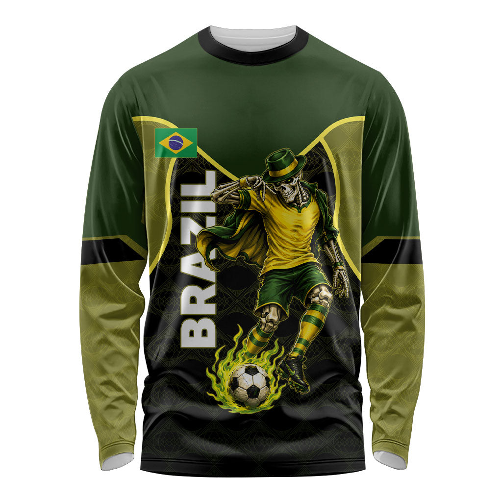 Personalized Brazil Football Long Sleeve Shirt Gothic Skull Skeleton Mascot Flaming Soccer Ball