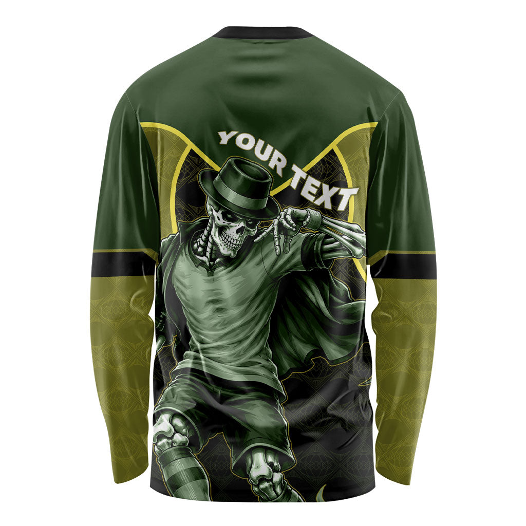 Personalized Brazil Football Long Sleeve Shirt Gothic Skull Skeleton Mascot Flaming Soccer Ball