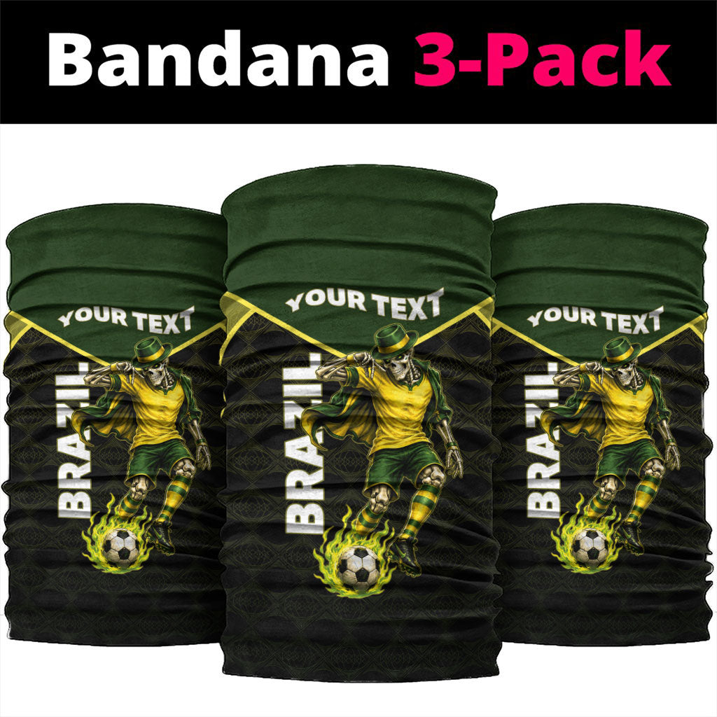 Personalized Brazil Football Neck Gaiter Gothic Skull Skeleton Mascot Flaming Soccer Ball