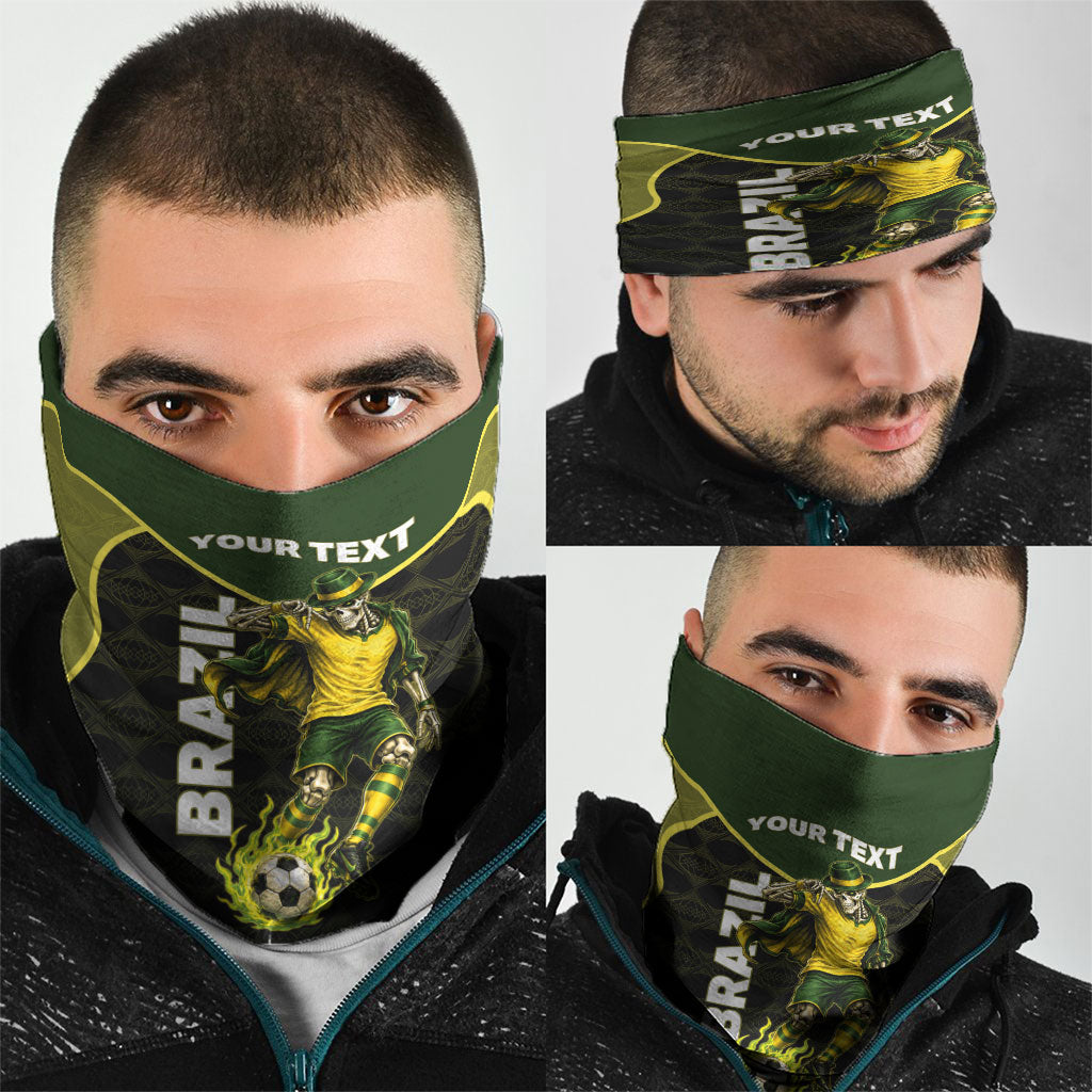 Personalized Brazil Football Neck Gaiter Gothic Skull Skeleton Mascot Flaming Soccer Ball