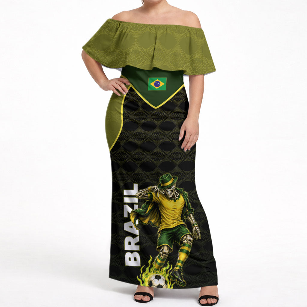 Personalized Brazil Football Off Shoulder Maxi Dress Gothic Skull Skeleton Mascot Flaming Soccer Ball