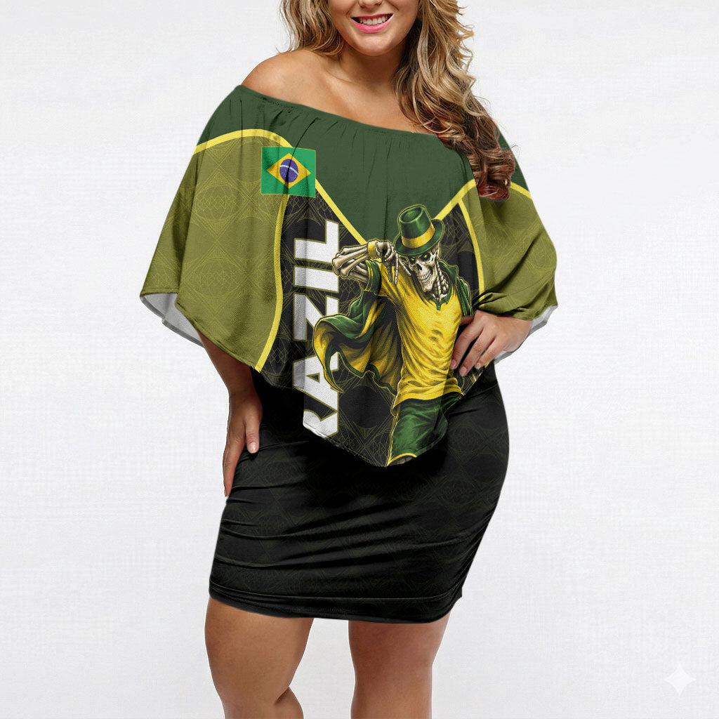 Personalized Brazil Football Off Shoulder Short Dress Gothic Skull Skeleton Mascot Flaming Soccer Ball