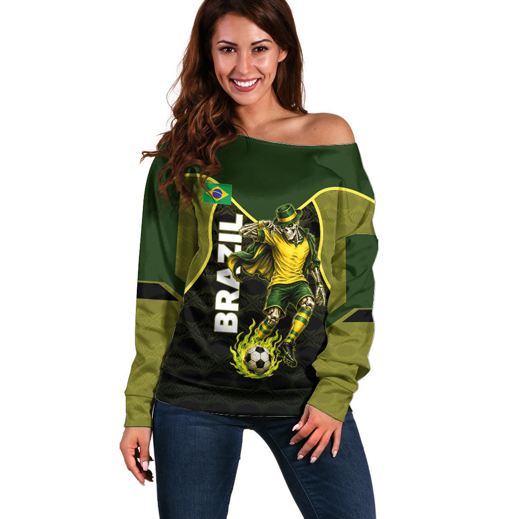 Personalized Brazil Football Off Shoulder Sweater Gothic Skull Skeleton Mascot Flaming Soccer Ball