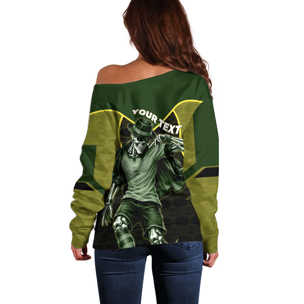 Personalized Brazil Football Off Shoulder Sweater Gothic Skull Skeleton Mascot Flaming Soccer Ball