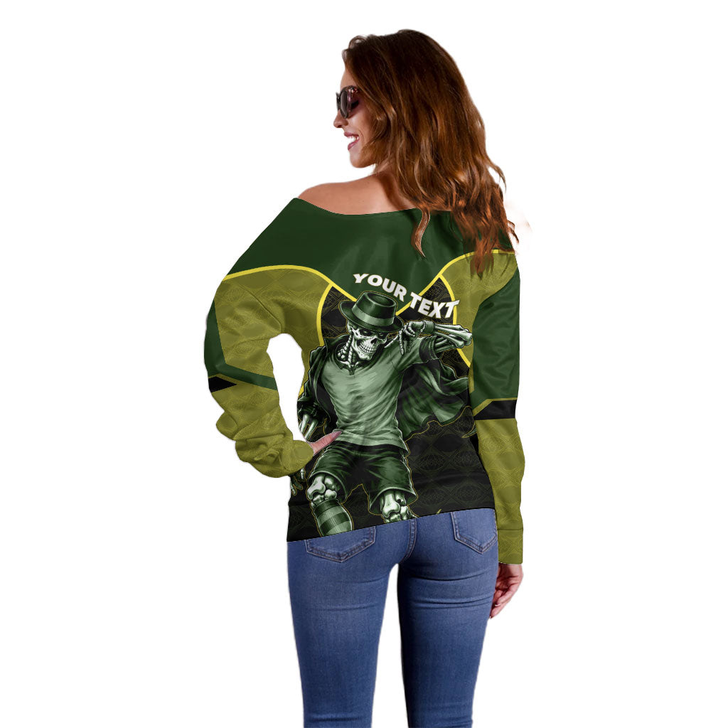 Personalized Brazil Football Off Shoulder Sweater Gothic Skull Skeleton Mascot Flaming Soccer Ball