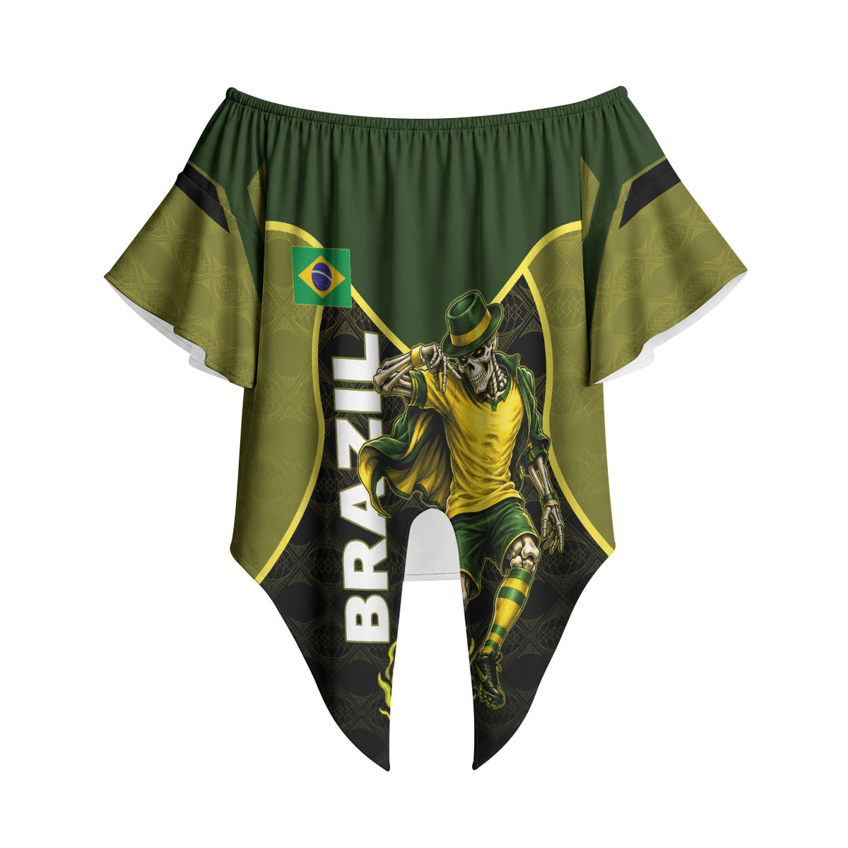 Personalized Brazil Football Off Shoulder Wrap Waist Top Gothic Skull Skeleton Mascot Flaming Soccer Ball