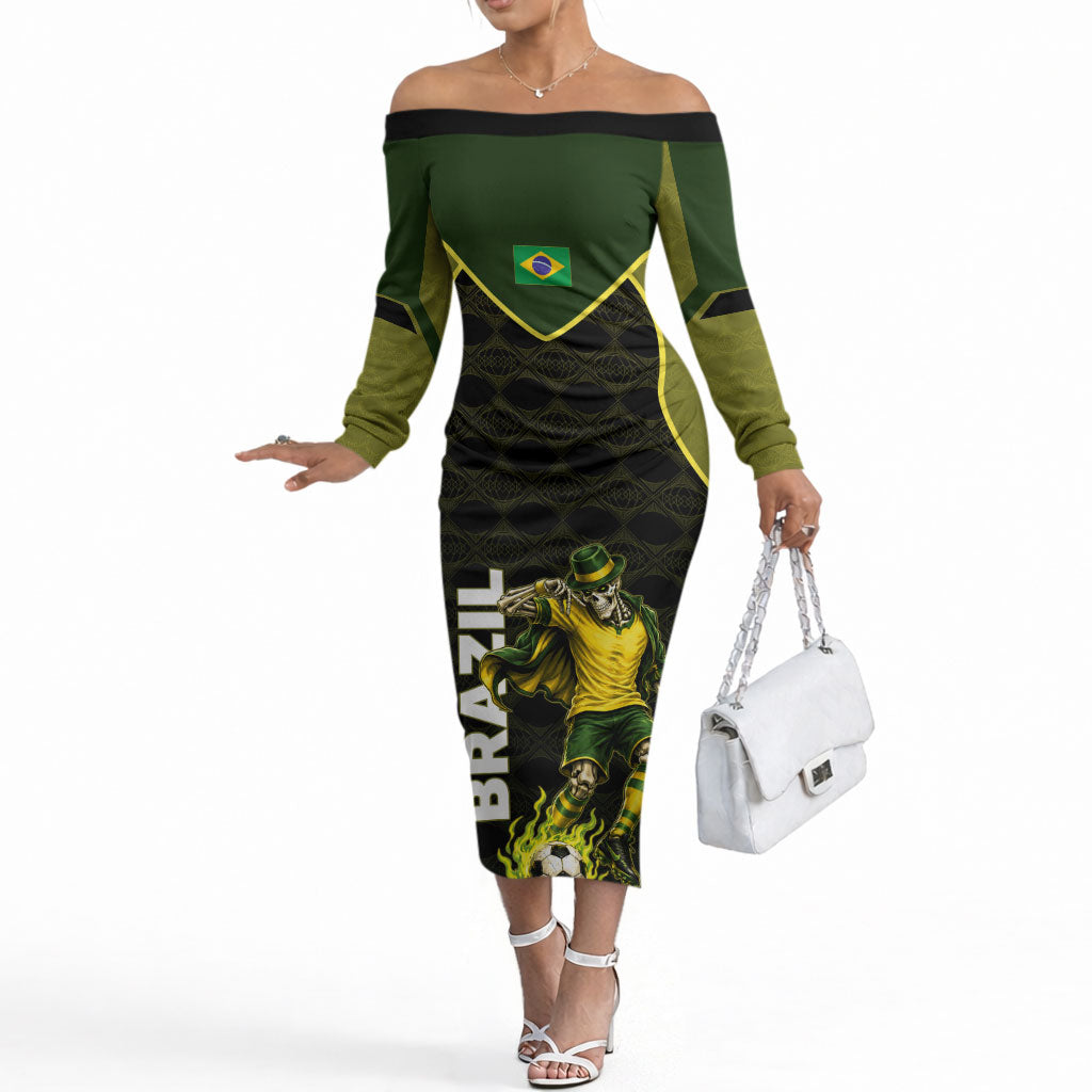 Personalized Brazil Football Off The Shoulder Long Sleeve Dress Gothic Skull Skeleton Mascot Flaming Soccer Ball