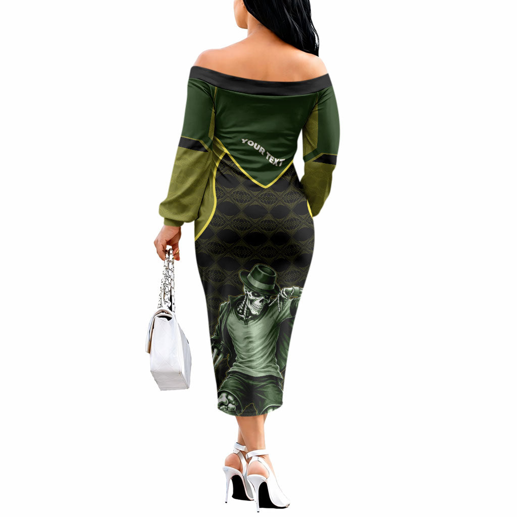 Personalized Brazil Football Off The Shoulder Long Sleeve Dress Gothic Skull Skeleton Mascot Flaming Soccer Ball