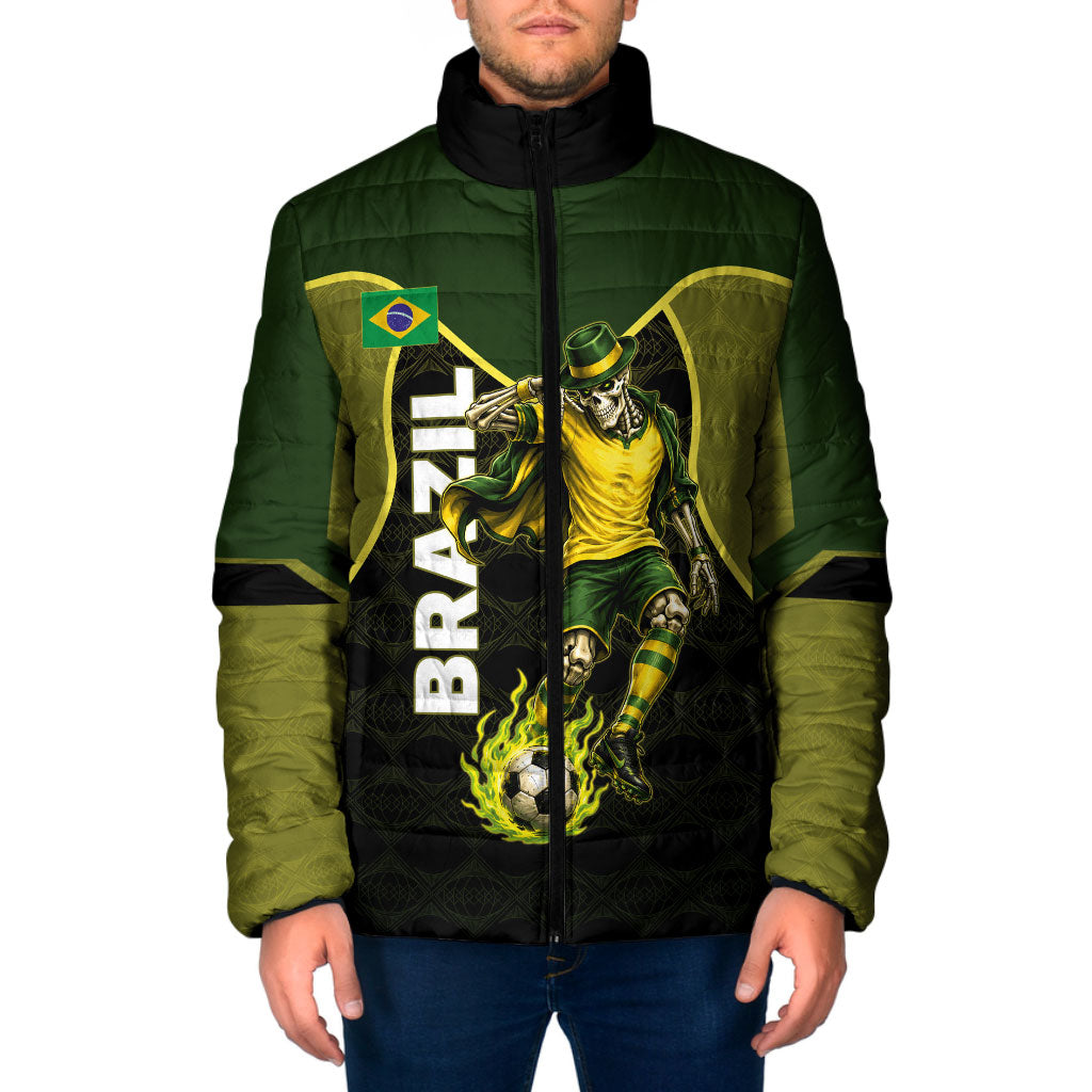 Personalized Brazil Football Padded Jacket Gothic Skull Skeleton Mascot Flaming Soccer Ball