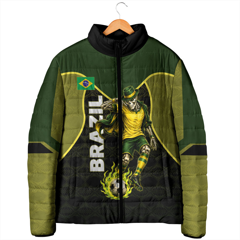 Personalized Brazil Football Padded Jacket Gothic Skull Skeleton Mascot Flaming Soccer Ball