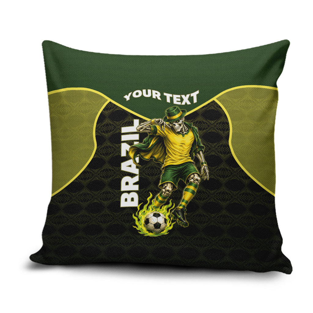Personalized Brazil Football Pillow Cover Gothic Skull Skeleton Mascot Flaming Soccer Ball