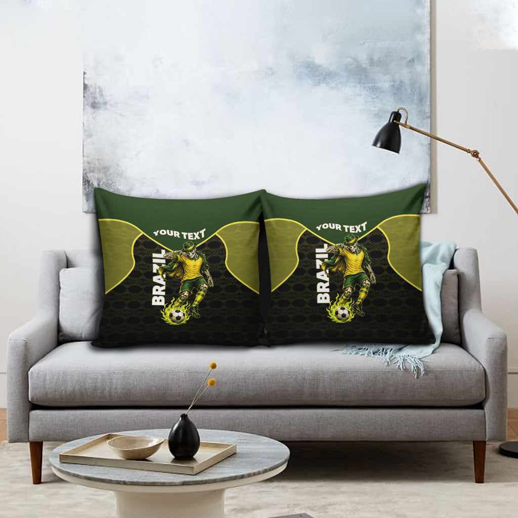 Personalized Brazil Football Pillow Cover Gothic Skull Skeleton Mascot Flaming Soccer Ball
