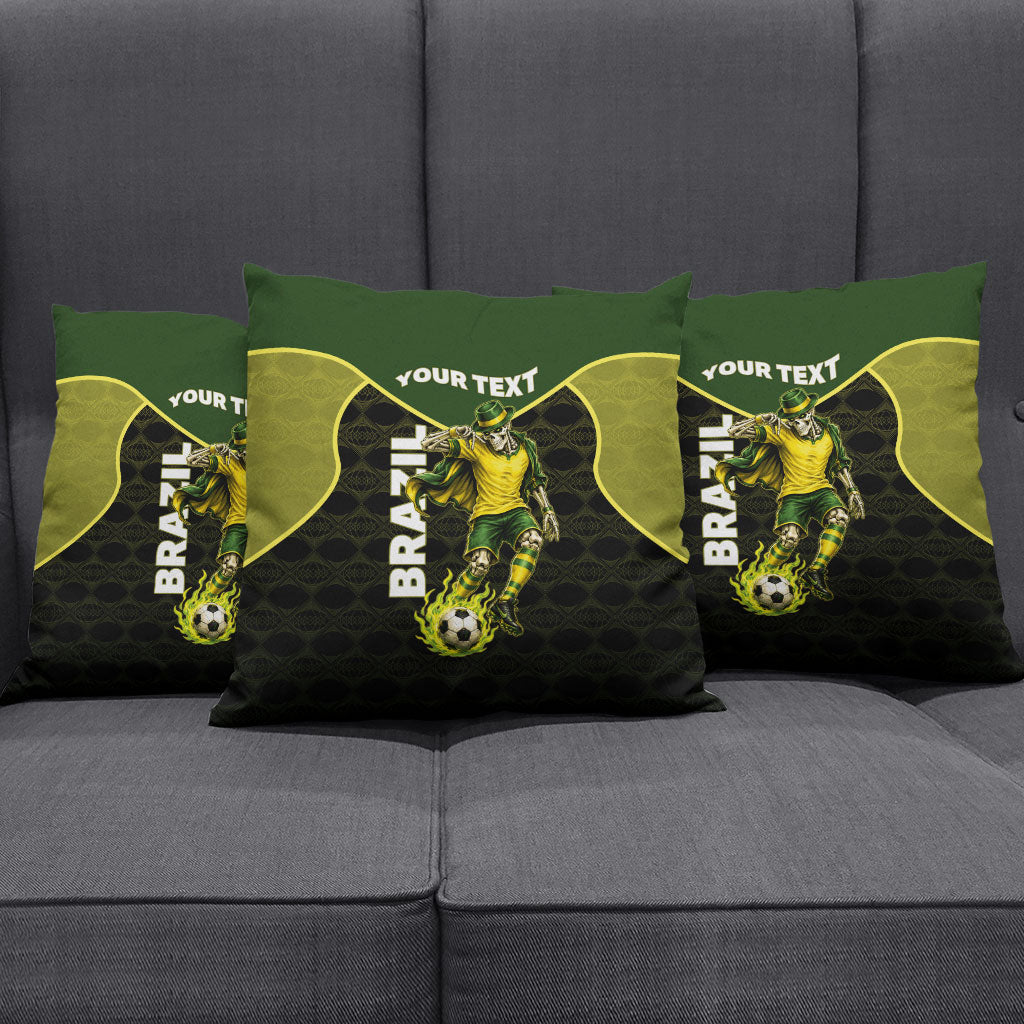 Personalized Brazil Football Pillow Cover Gothic Skull Skeleton Mascot Flaming Soccer Ball