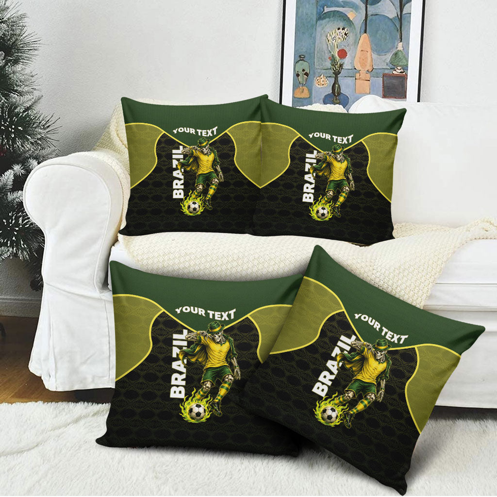 Personalized Brazil Football Pillow Cover Gothic Skull Skeleton Mascot Flaming Soccer Ball