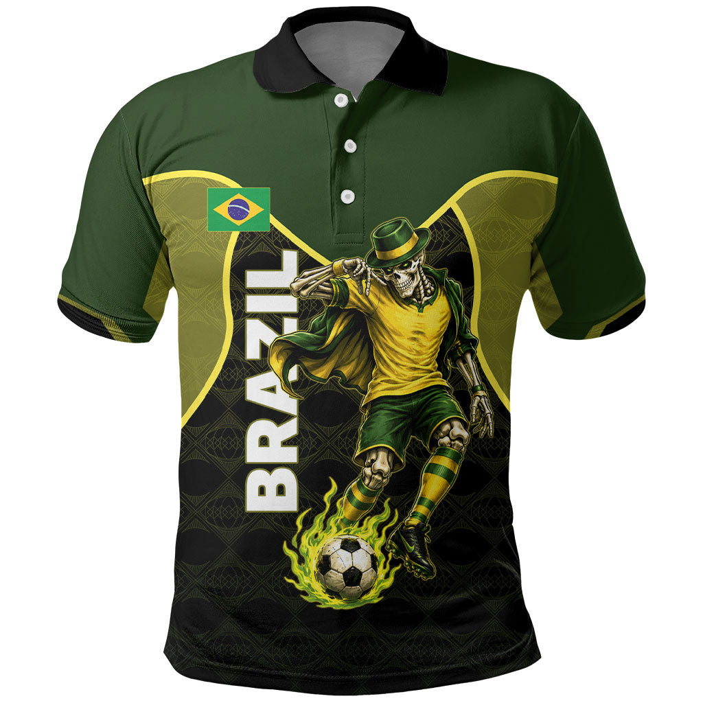 Personalized Brazil Football Polo Shirt Gothic Skull Skeleton Mascot Flaming Soccer Ball