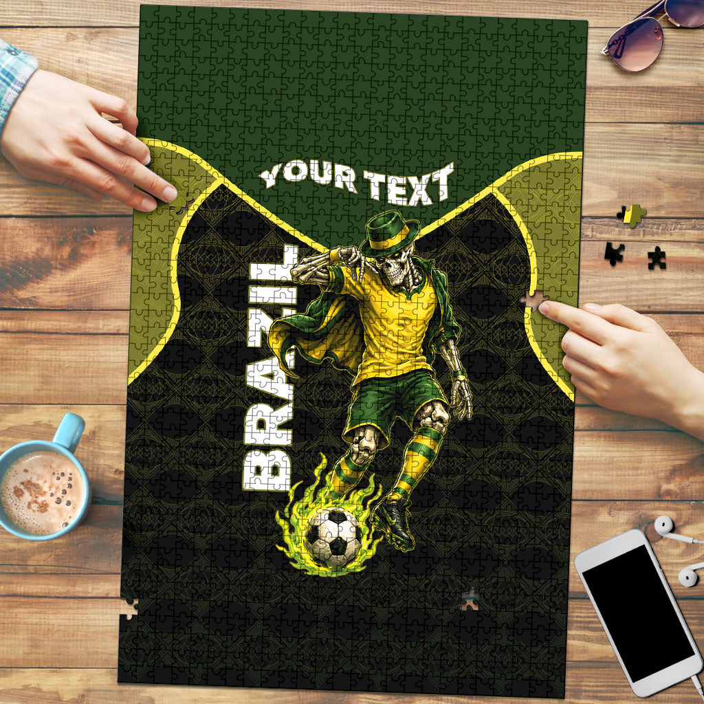 Personalized Brazil Football Puzzle Gothic Skull Skeleton Mascot Flaming Soccer Ball