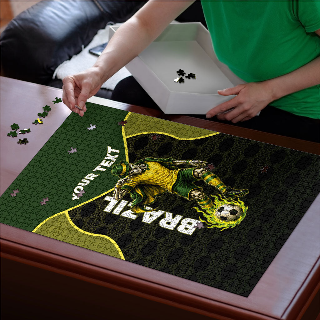 Personalized Brazil Football Puzzle Gothic Skull Skeleton Mascot Flaming Soccer Ball