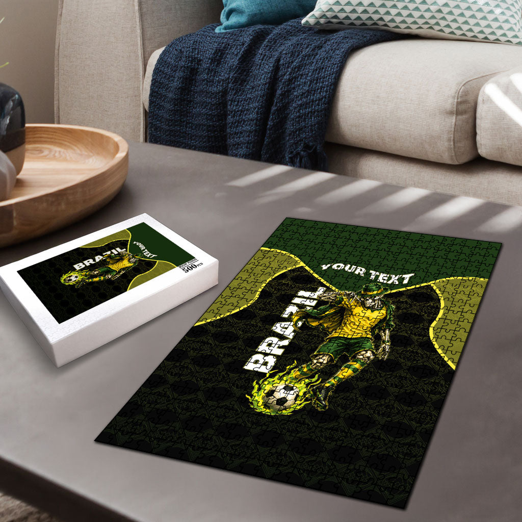 Personalized Brazil Football Puzzle Gothic Skull Skeleton Mascot Flaming Soccer Ball
