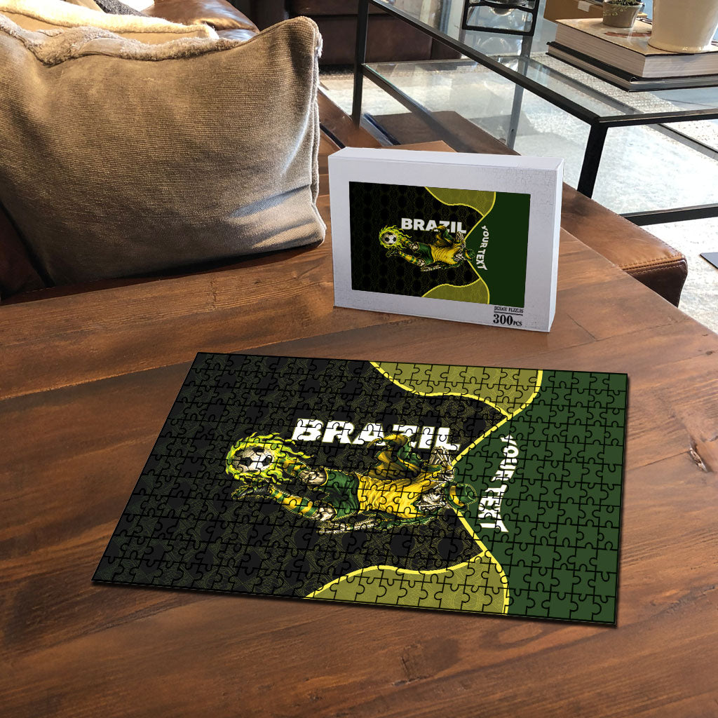Personalized Brazil Football Puzzle Gothic Skull Skeleton Mascot Flaming Soccer Ball