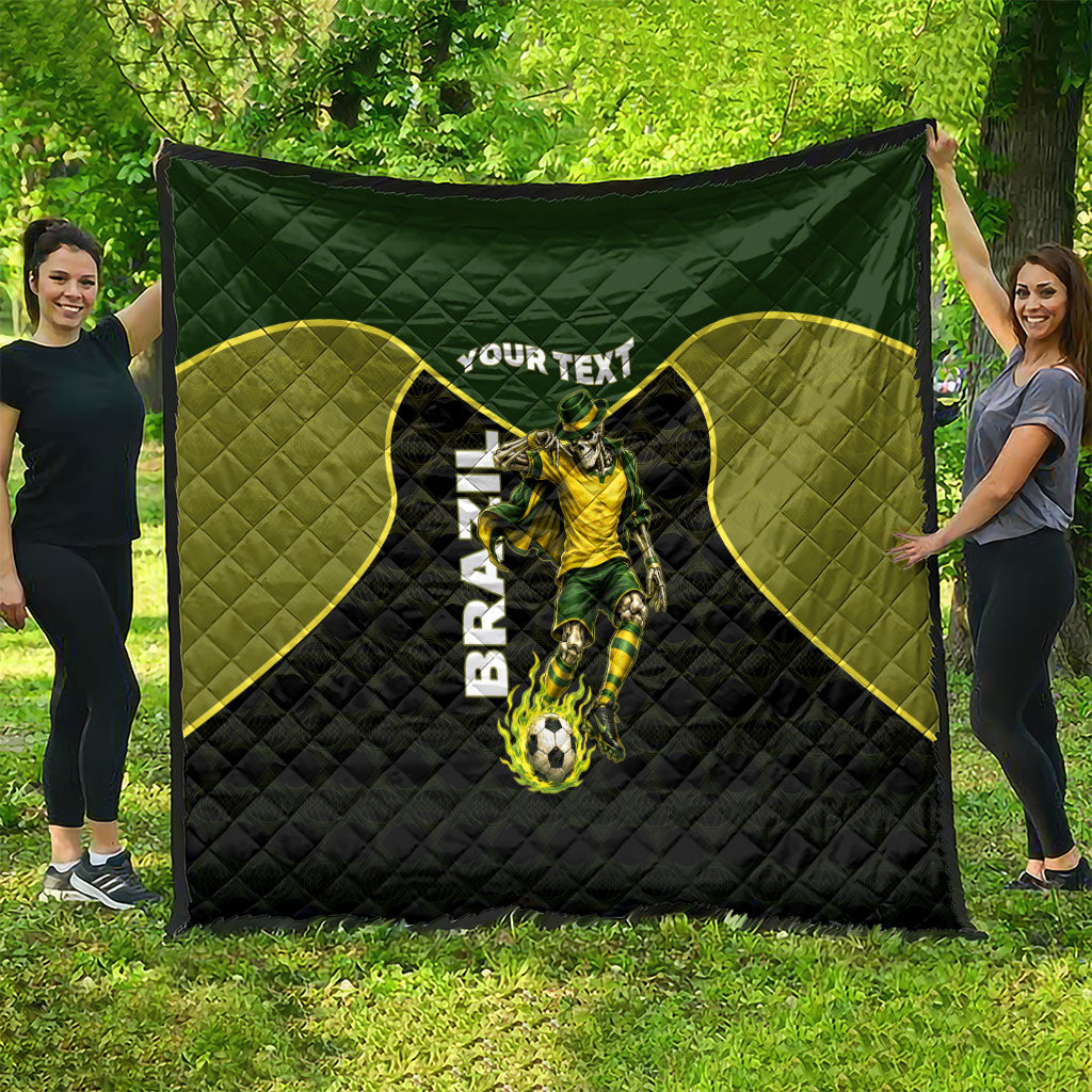Personalized Brazil Football Quilt Gothic Skull Skeleton Mascot Flaming Soccer Ball