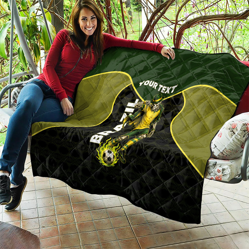 Personalized Brazil Football Quilt Gothic Skull Skeleton Mascot Flaming Soccer Ball