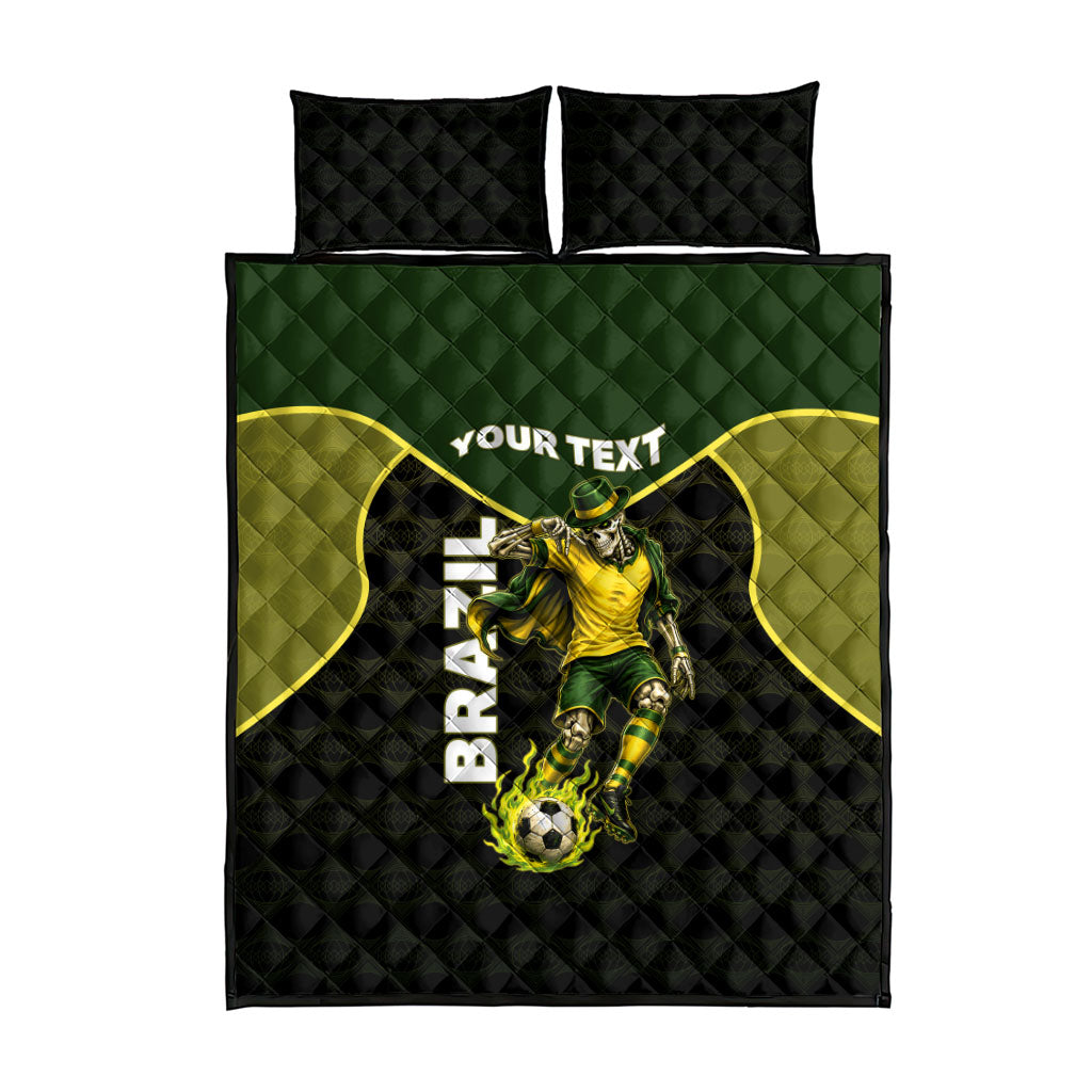 Personalized Brazil Football Quilt Bed Set Gothic Skull Skeleton Mascot Flaming Soccer Ball