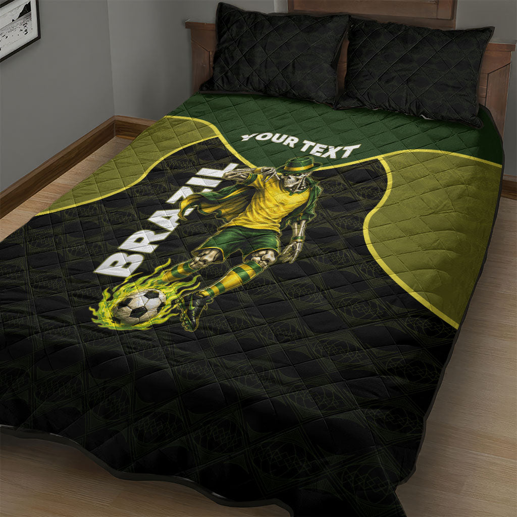 Personalized Brazil Football Quilt Bed Set Gothic Skull Skeleton Mascot Flaming Soccer Ball
