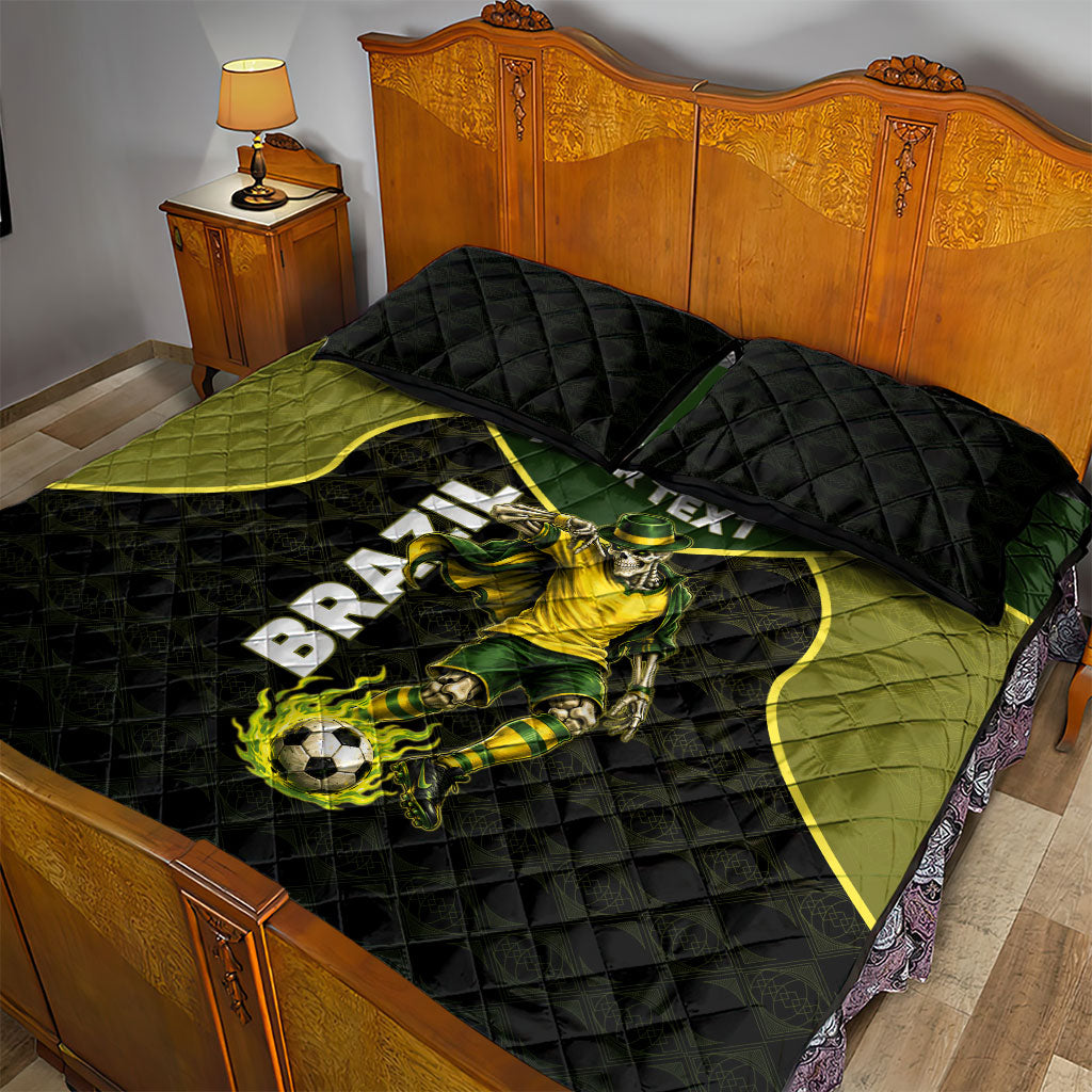 Personalized Brazil Football Quilt Bed Set Gothic Skull Skeleton Mascot Flaming Soccer Ball