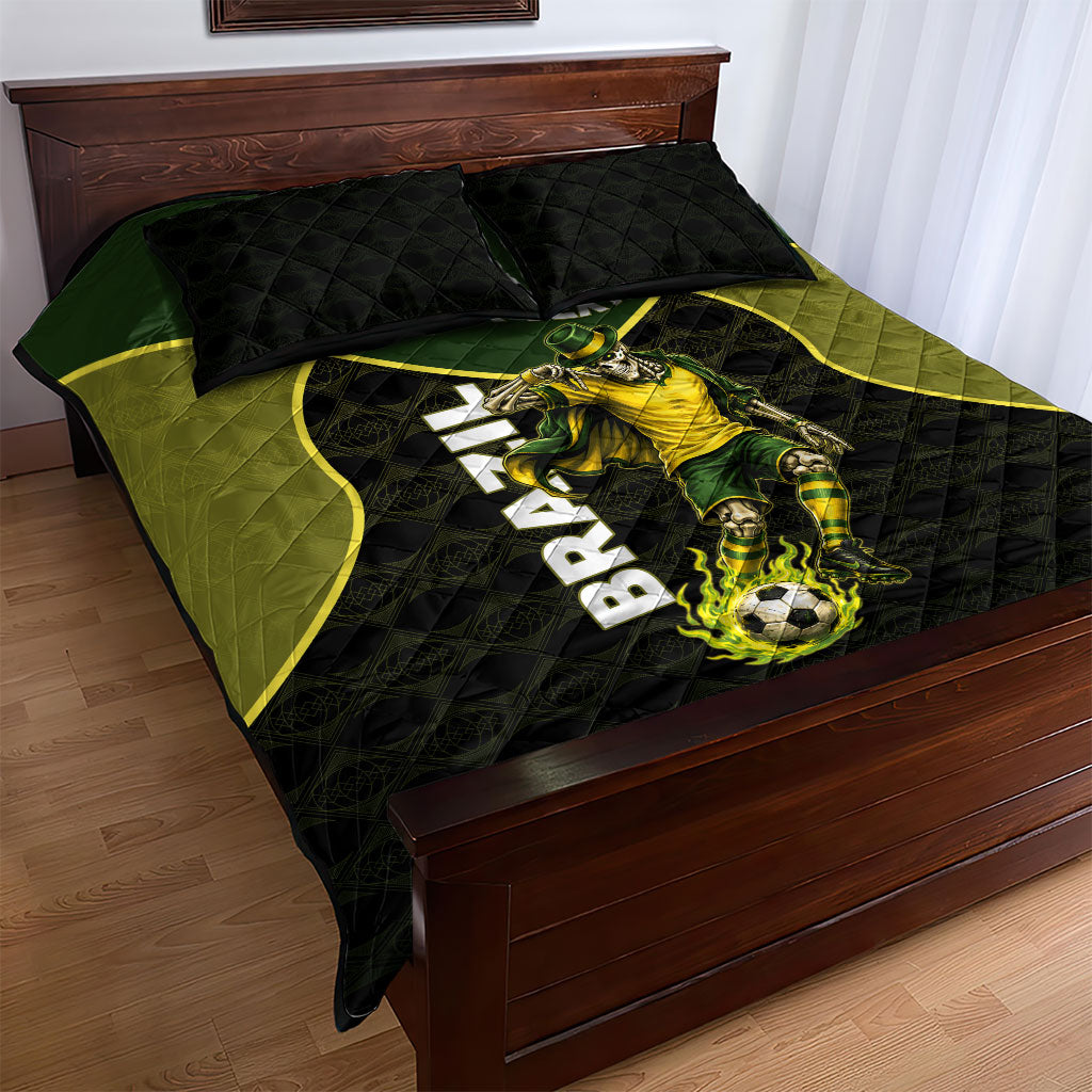 Personalized Brazil Football Quilt Bed Set Gothic Skull Skeleton Mascot Flaming Soccer Ball