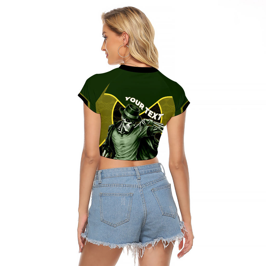 Personalized Brazil Football Raglan Cropped T Shirt Gothic Skull Skeleton Mascot Flaming Soccer Ball