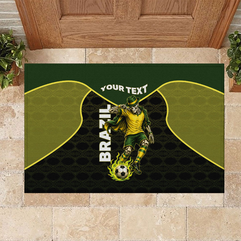 Personalized Brazil Football Rubber Doormat Gothic Skull Skeleton Mascot Flaming Soccer Ball